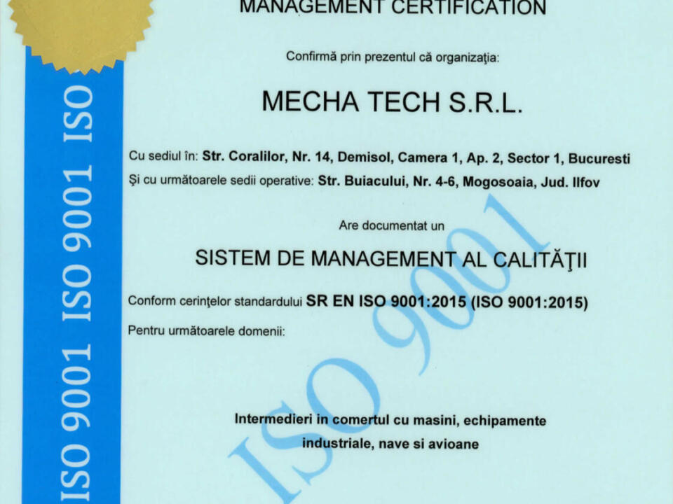 Certificare ISO 9001 MECHA TECH SRL